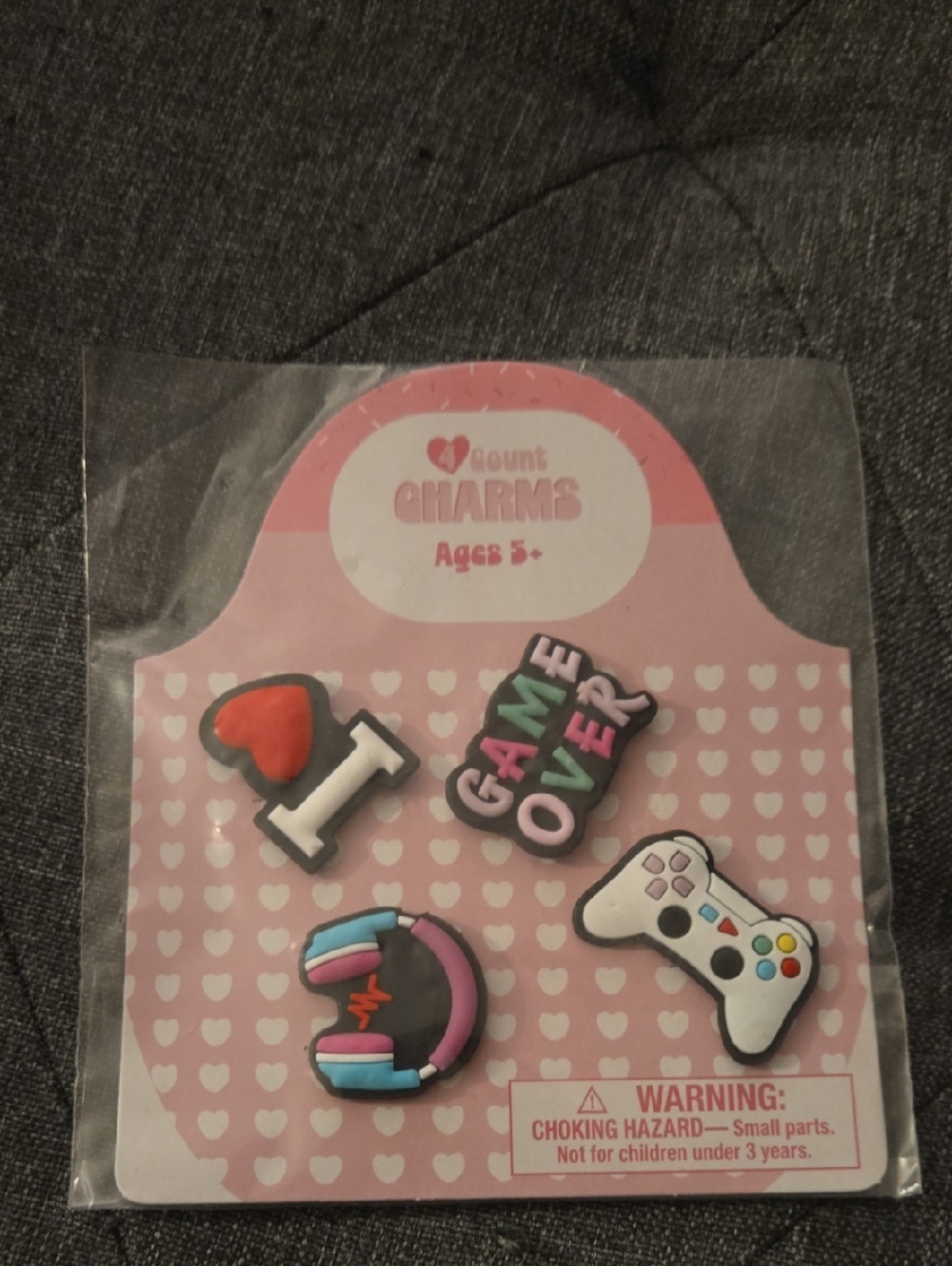 Kids Pink Gaming Charm Set - Heart, 'Game Over', Headphones & Controller